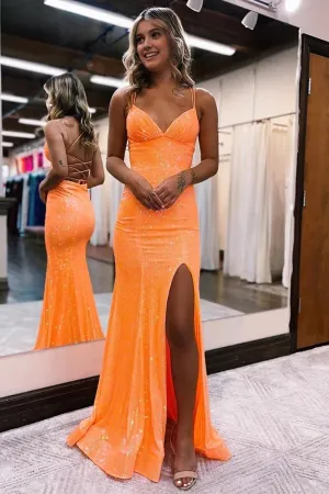 kamahe Mermaid Spaghetti Straps Orange Sequins Long Prom Dress with Split Front Evening Dresses