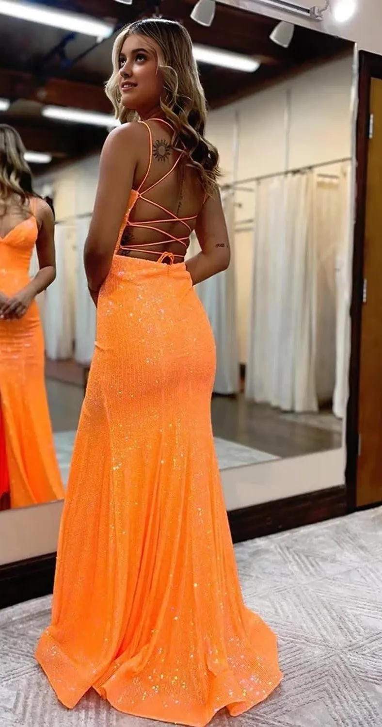 kamahe Mermaid Spaghetti Straps Orange Sequins Long Prom Dress with Split Front Evening Dresses