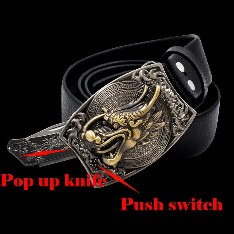 Premium Mens Gold Dragon Head Leather Belt with Hidden Folding Knife