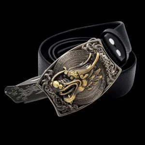Premium Mens Gold Dragon Head Leather Belt with Hidden Folding Knife