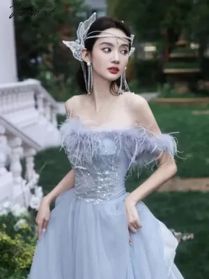 TAVIMART -  Blue Princess Celebrity Dresses Luxury Boat Neck Feather Strapless Backless Pleated Long Trailing Formal Occasion Evening Gowns