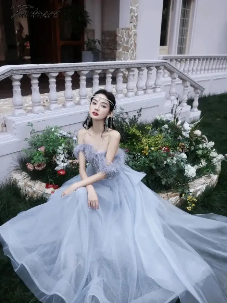 TAVIMART -  Blue Princess Celebrity Dresses Luxury Boat Neck Feather Strapless Backless Pleated Long Trailing Formal Occasion Evening Gowns