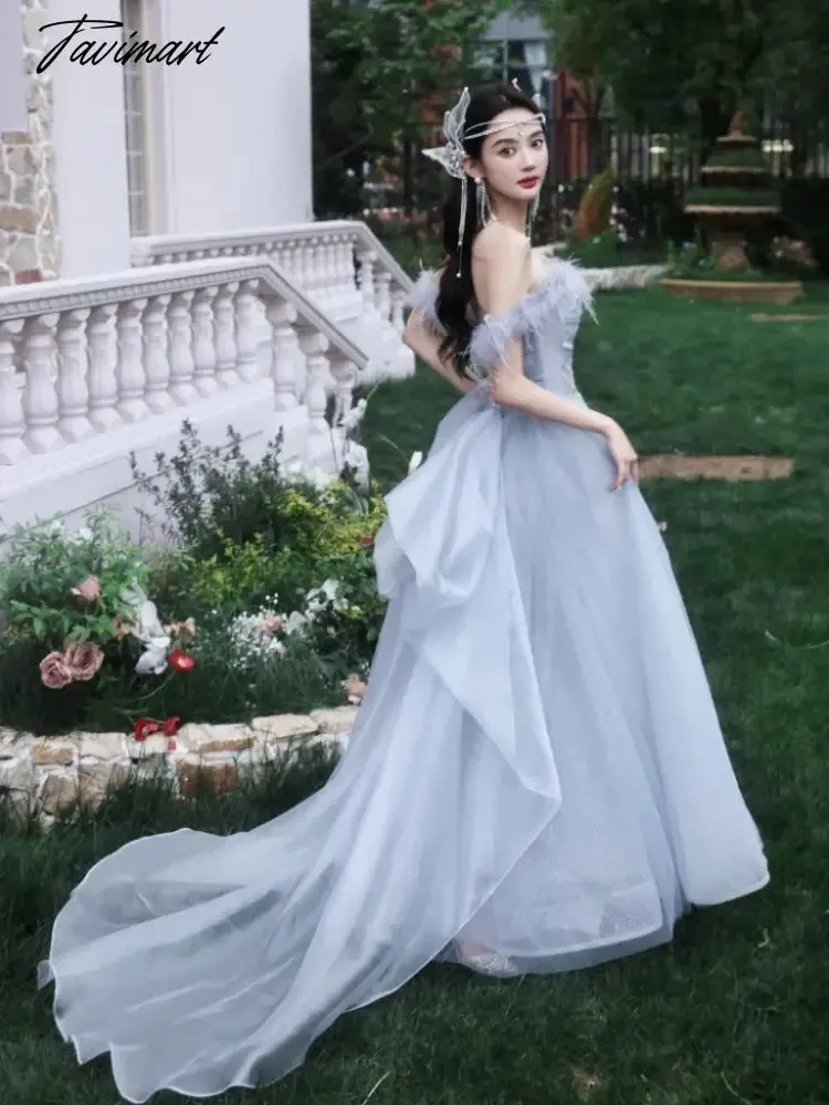 TAVIMART -  Blue Princess Celebrity Dresses Luxury Boat Neck Feather Strapless Backless Pleated Long Trailing Formal Occasion Evening Gowns