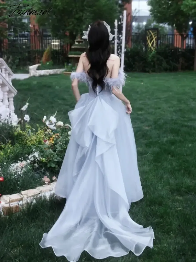 TAVIMART -  Blue Princess Celebrity Dresses Luxury Boat Neck Feather Strapless Backless Pleated Long Trailing Formal Occasion Evening Gowns