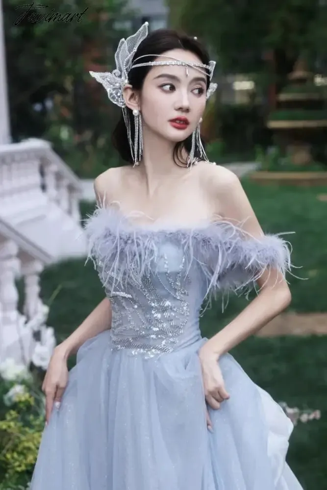 TAVIMART -  Blue Princess Celebrity Dresses Luxury Boat Neck Feather Strapless Backless Pleated Long Trailing Formal Occasion Evening Gowns