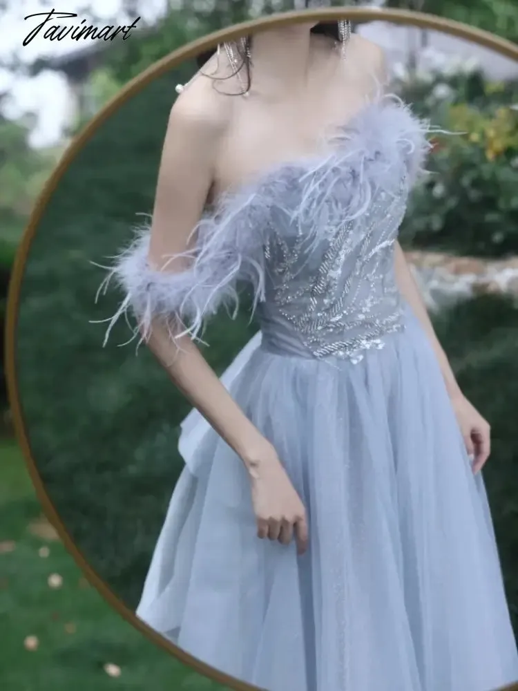 TAVIMART -  Blue Princess Celebrity Dresses Luxury Boat Neck Feather Strapless Backless Pleated Long Trailing Formal Occasion Evening Gowns